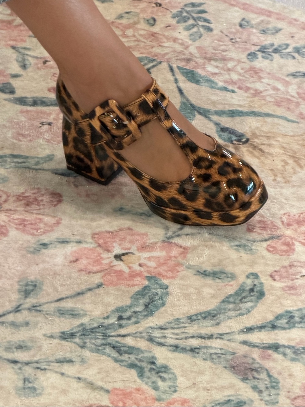 Leopard Print T-Strap Heels - Brown